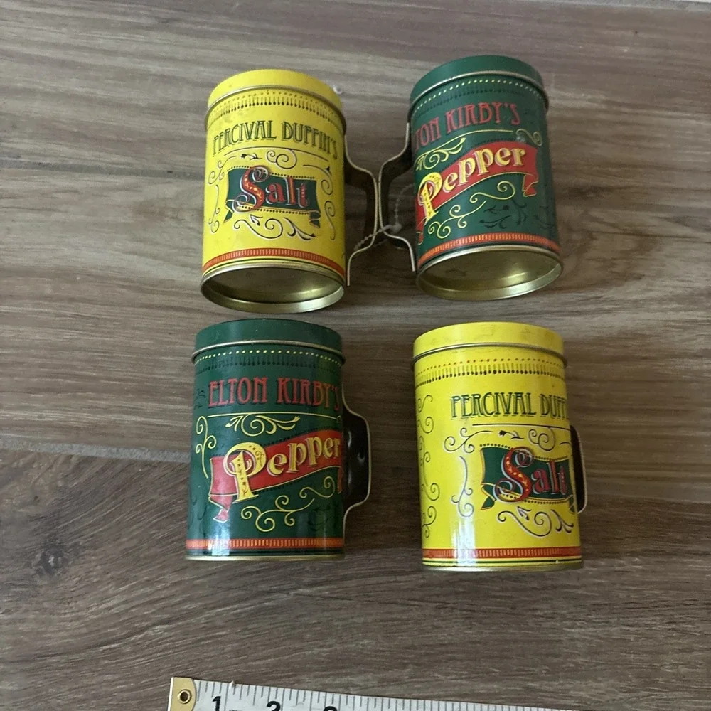 Vintage Tin Can Percival Duffin's Elton Kirby's Salt And‎ Pepper Shaker 2 Sets